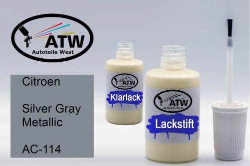 Citroen, Silver Gray Metallic, AC-114: 20ml Lackstift + 20ml Klarlack - Set, von ATW Autoteile West.